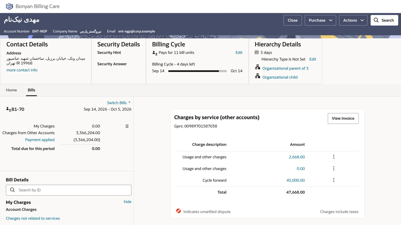 Billing care showing an enterprise bill with charges by service, charges from sub-accounts and the payment applied